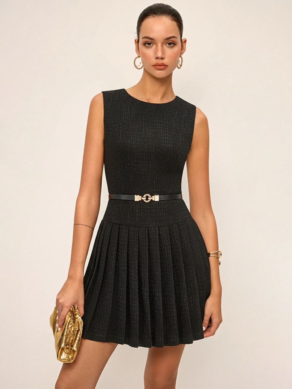 COMMENSE Tweed Pleated Mini Dress with Belt - Camel/Brown - Size M - NWT